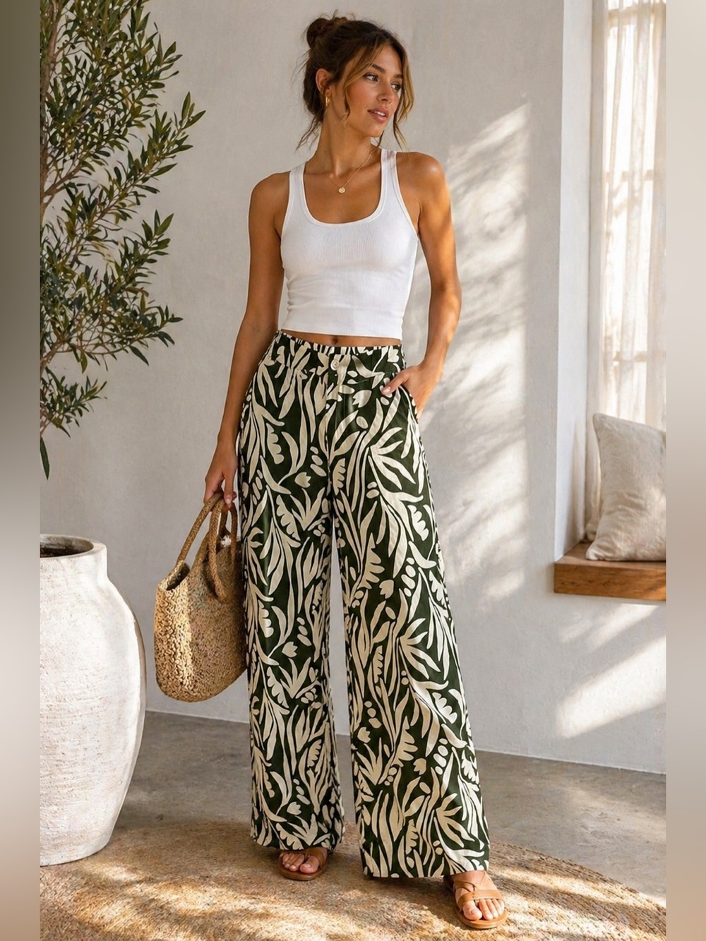Artlove Paris Tropical Leaf Wide Leg Pants Size 36 NWT Green White Resort